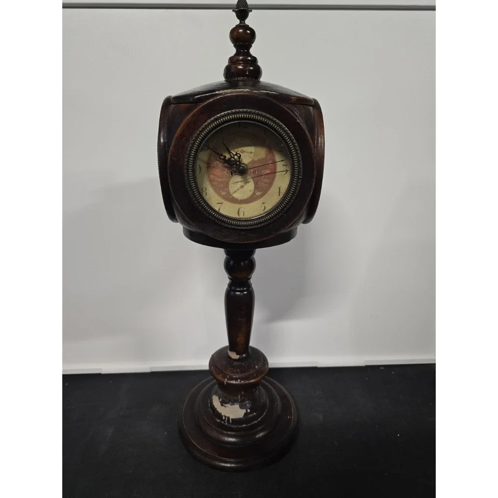 Vintage 4 Sided Wooden Pedestal Clock 1980s 4-Faced Table Mantel Clock Rustic